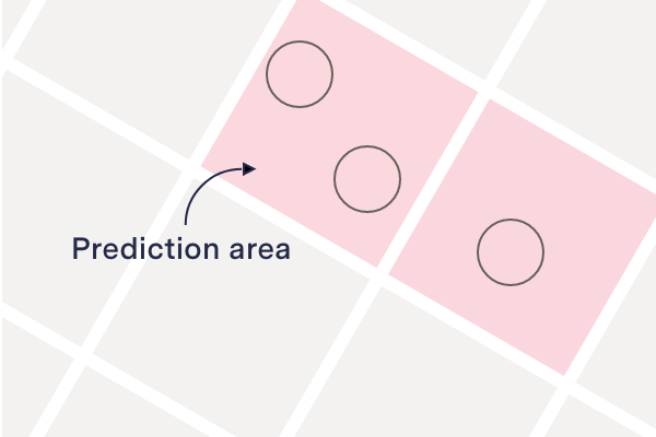 An image of several city blocks, several of which are highlighted and labeled prediction area.